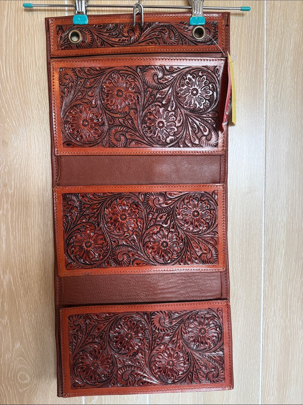 Hand-Tooled Leather Hanging Organizer in Rich Rust
